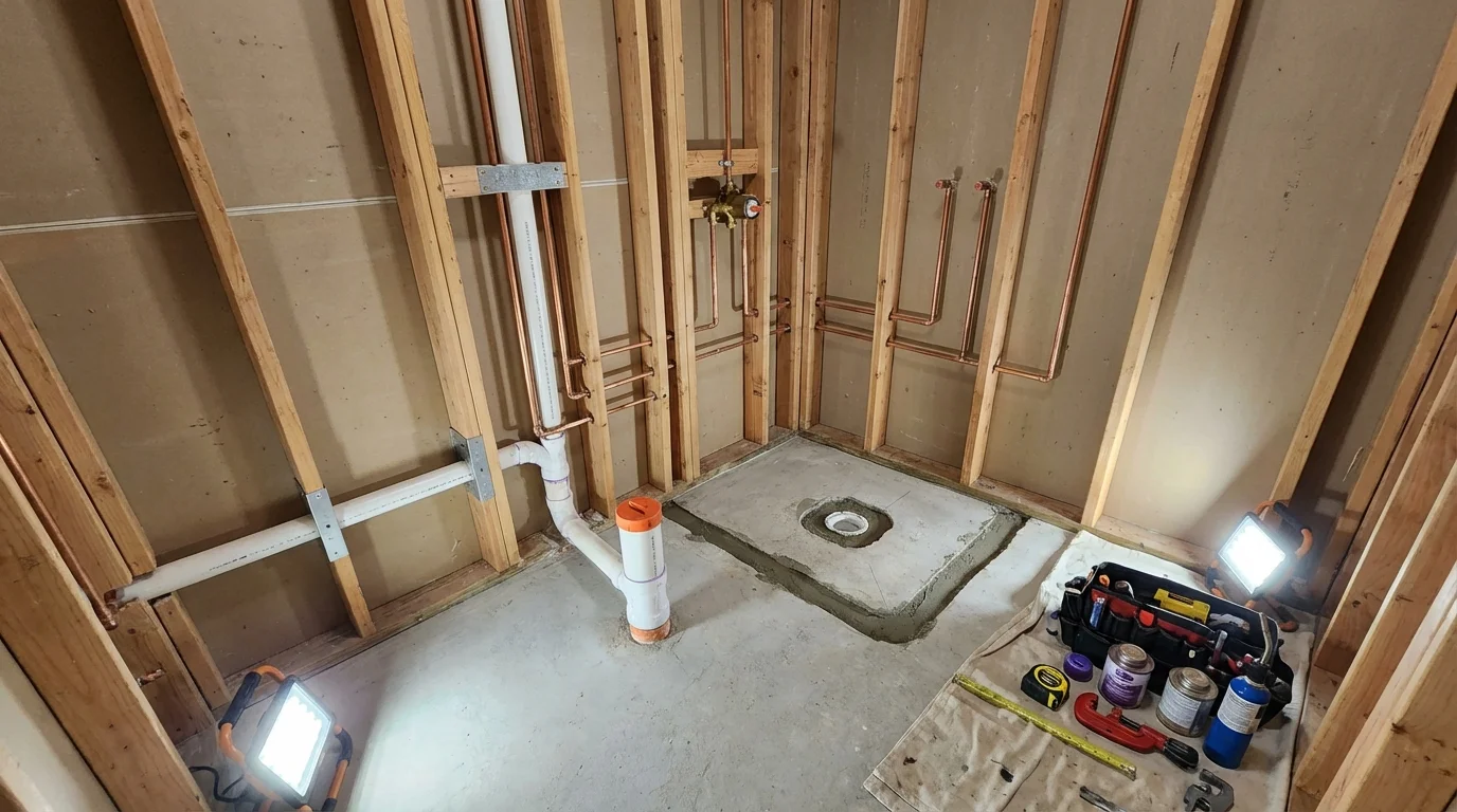 Bathroom rough-in plumbing during remodel by Johns Plumbing LLC in Hays