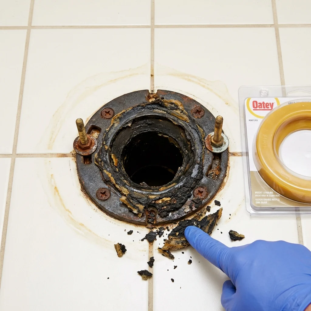 Failed wax ring showing water seepage at the base of a toilet in a Hays, KS home